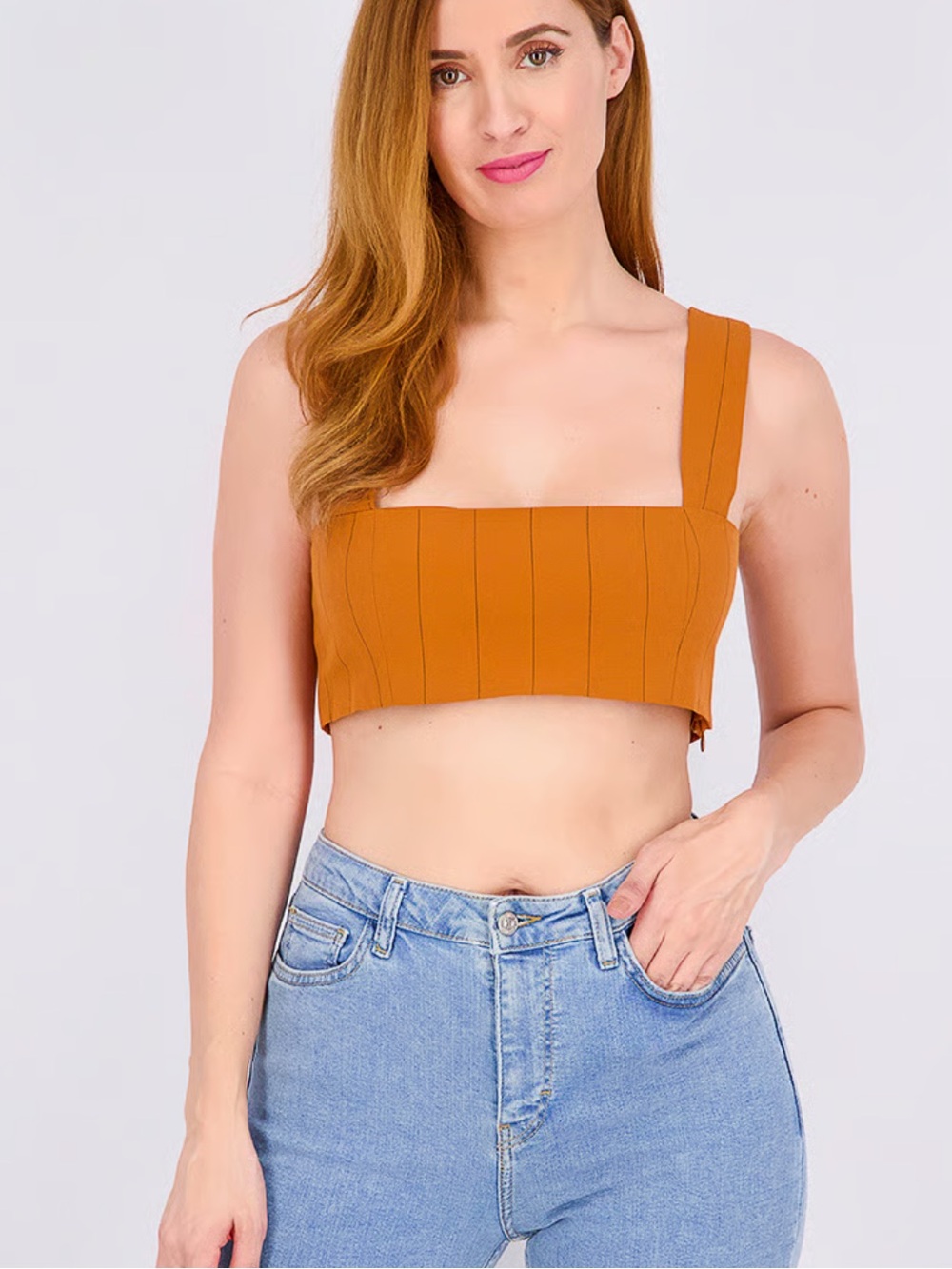 DANIELLE BERNSTEIN Rust Square-Neck Pinstripe Crop Top Size 12 New